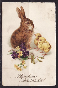 Финляндия Христос Воскрес Цветы Цыплята Заяц открытка